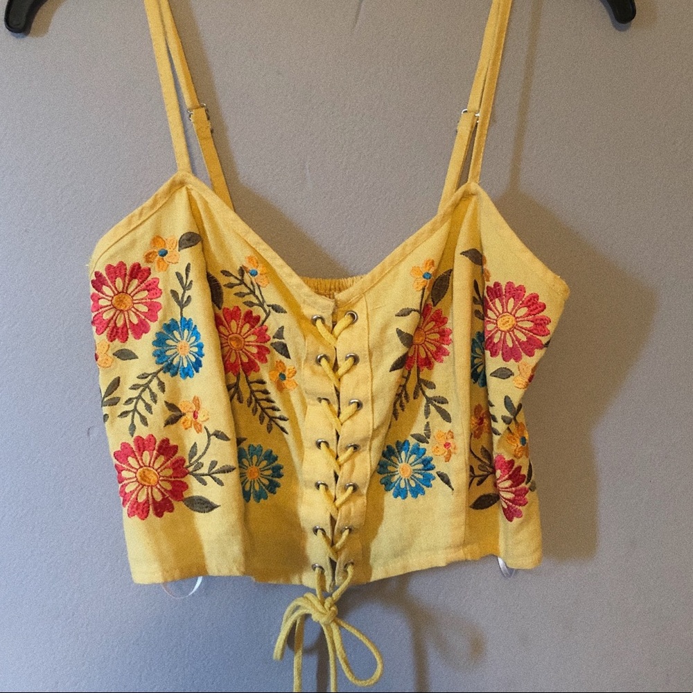 Yellow Crop Top with Flowers S